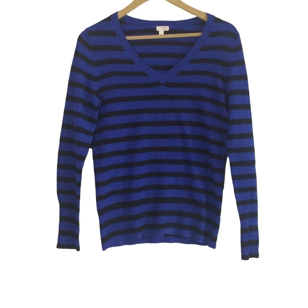 Halogen Size Small 100% Cashmere Blue Black Striped V Neck Sweater Nautical